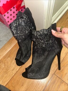 Windsor Black Lace & Mesh Peep-Toe Stiletto Booties